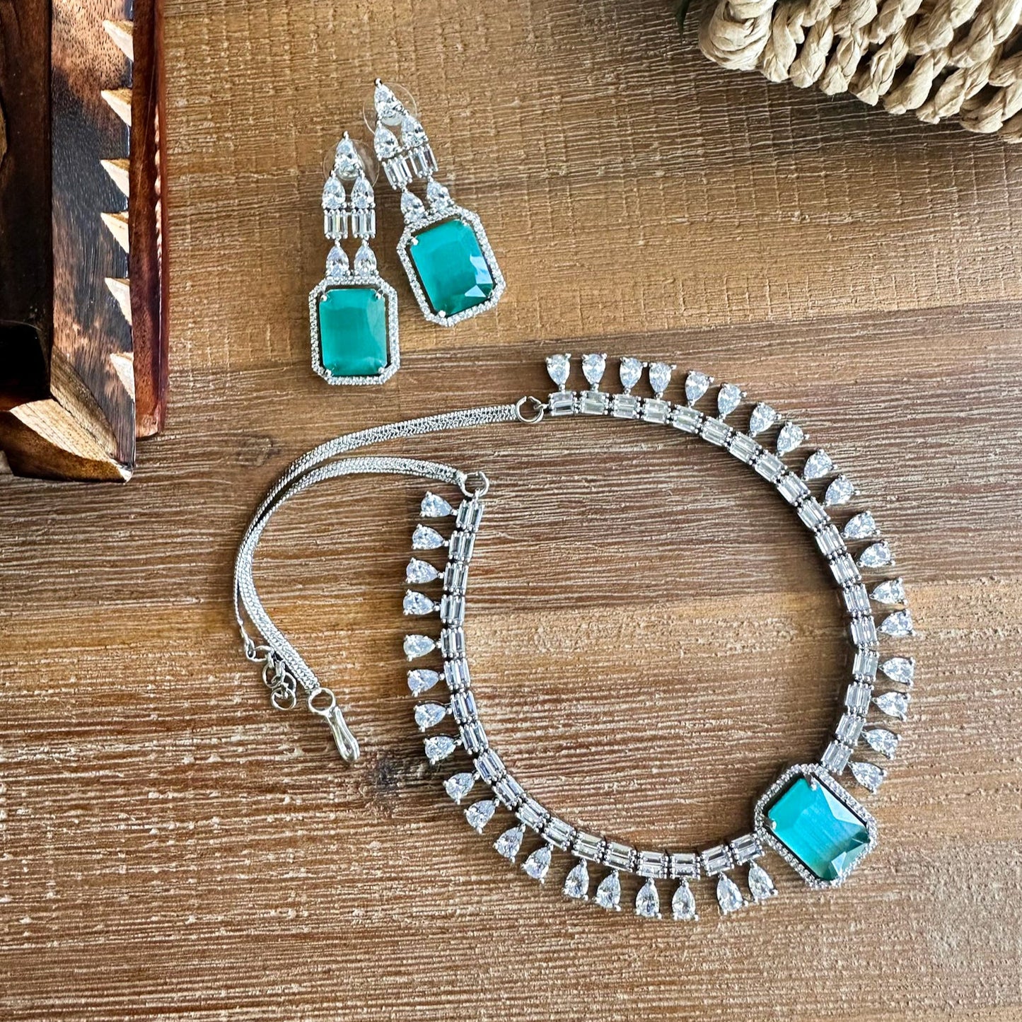 American Diamond Necklace Set - Emerald Elegance
