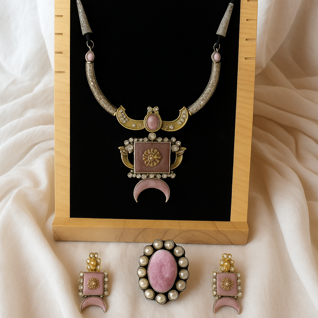 Oxidised German Silver Necklace, Earring and Ring set with Pink Stone Accents