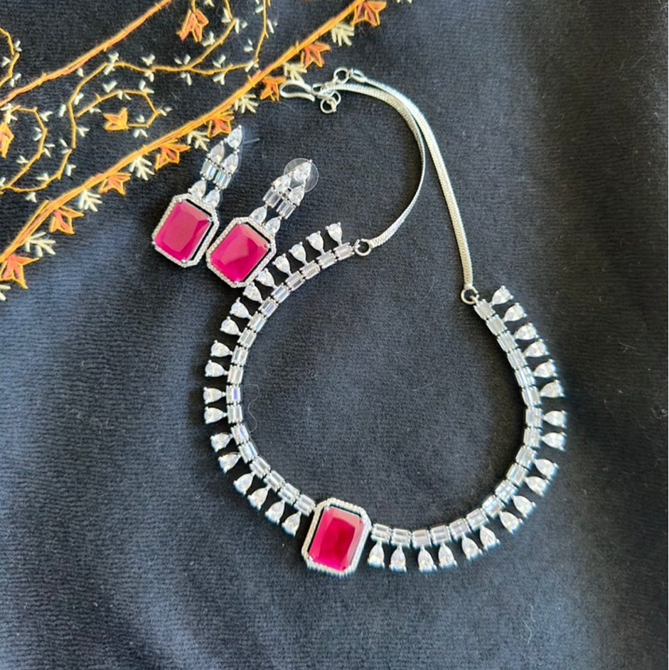 American Diamond Necklace Set - Crimson Solitaire
