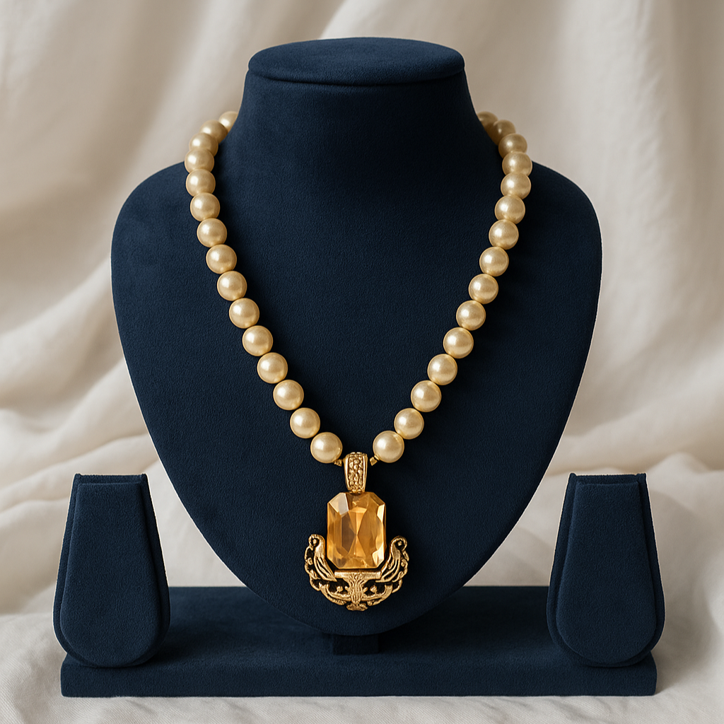 Necklace - Pearl beads with Gold Stone Pendant