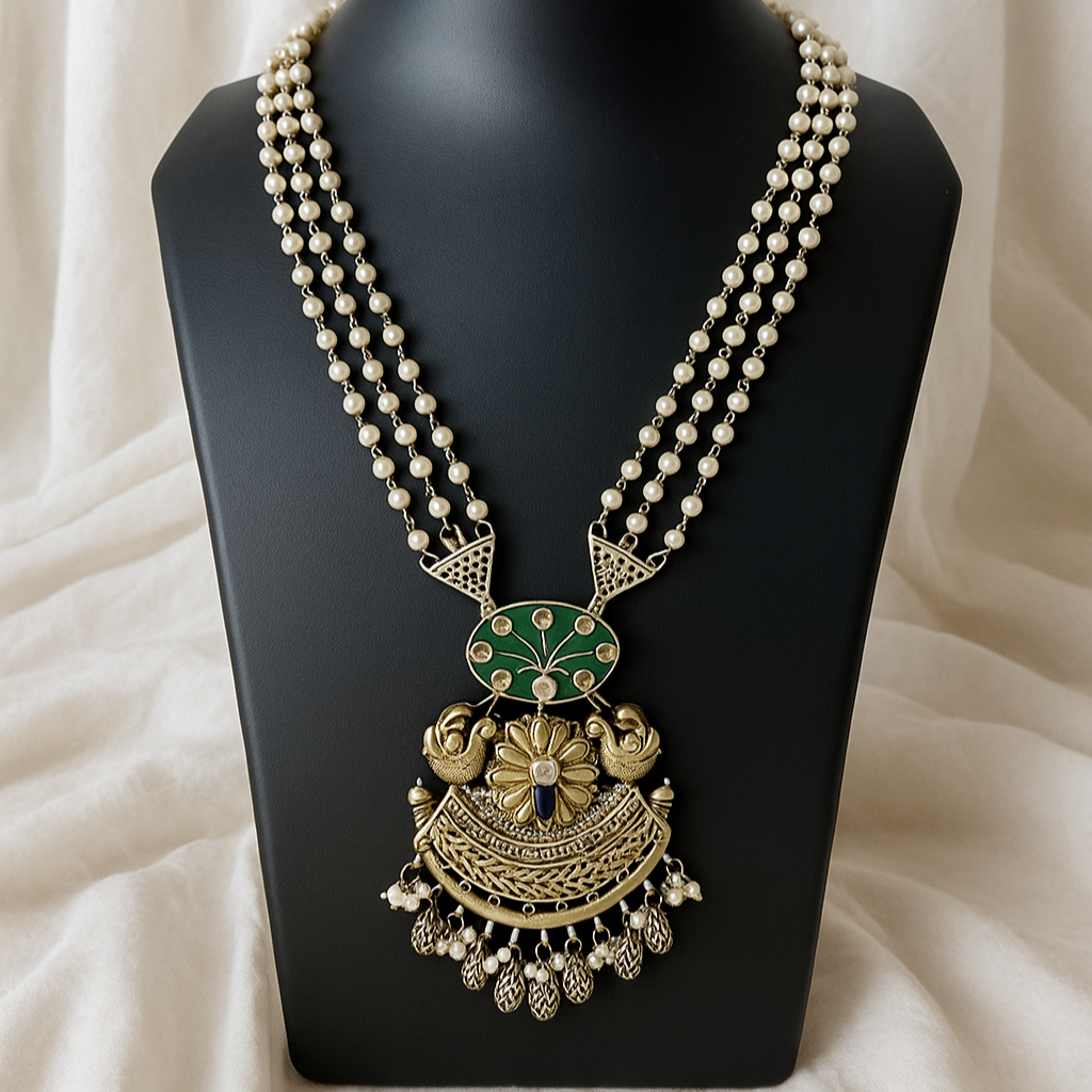 Traditional German Silver Pendant Necklace with Beaded Strings