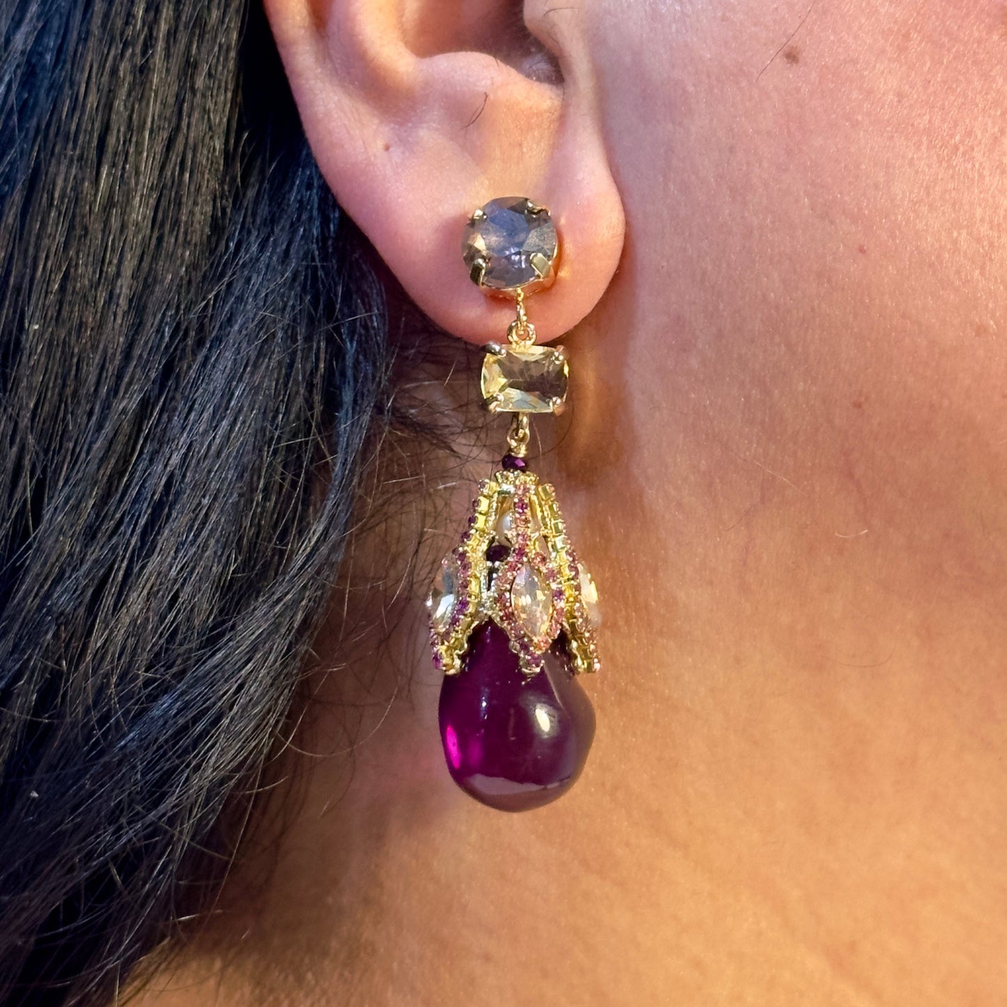 Earrings - Plum Crystal Drop Statement
