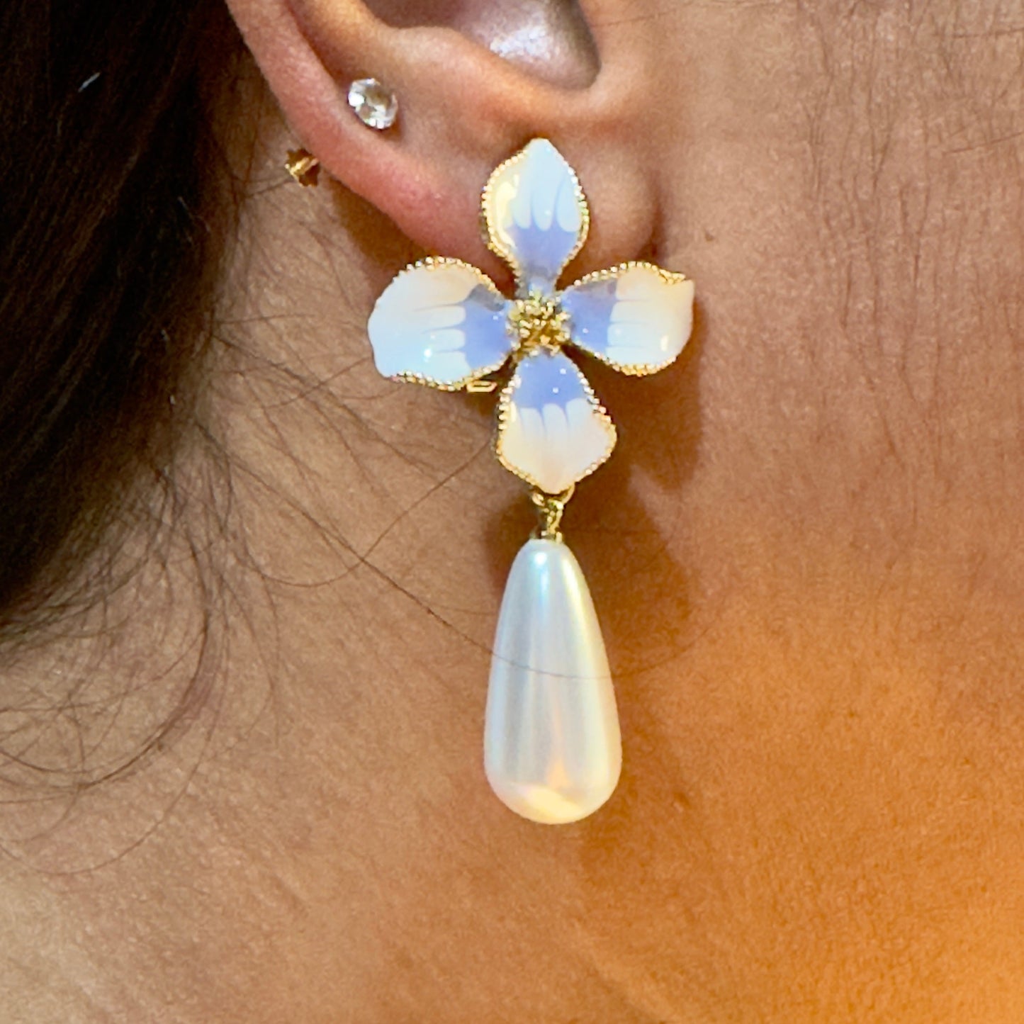 Earrings - Blue Floral Drops with Pearl Accent