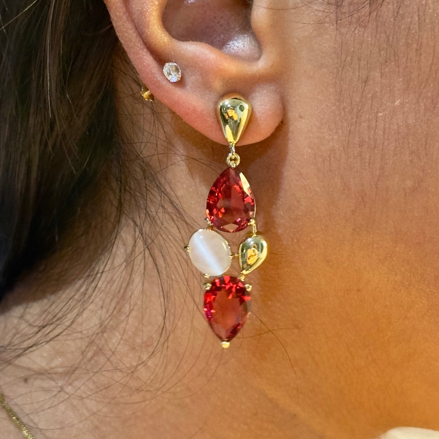 Earrings - Red Teardrop Statement Gold Finish