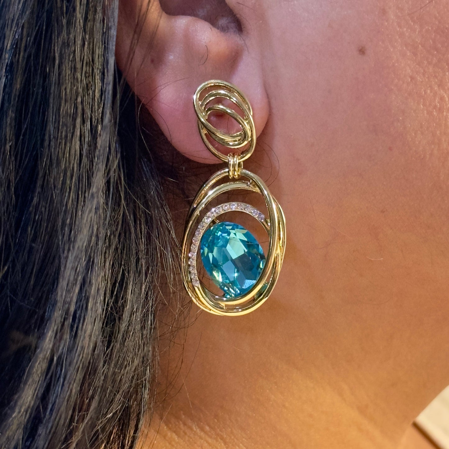 Earrings - Blue Oval Statement with Gold Tone Twist