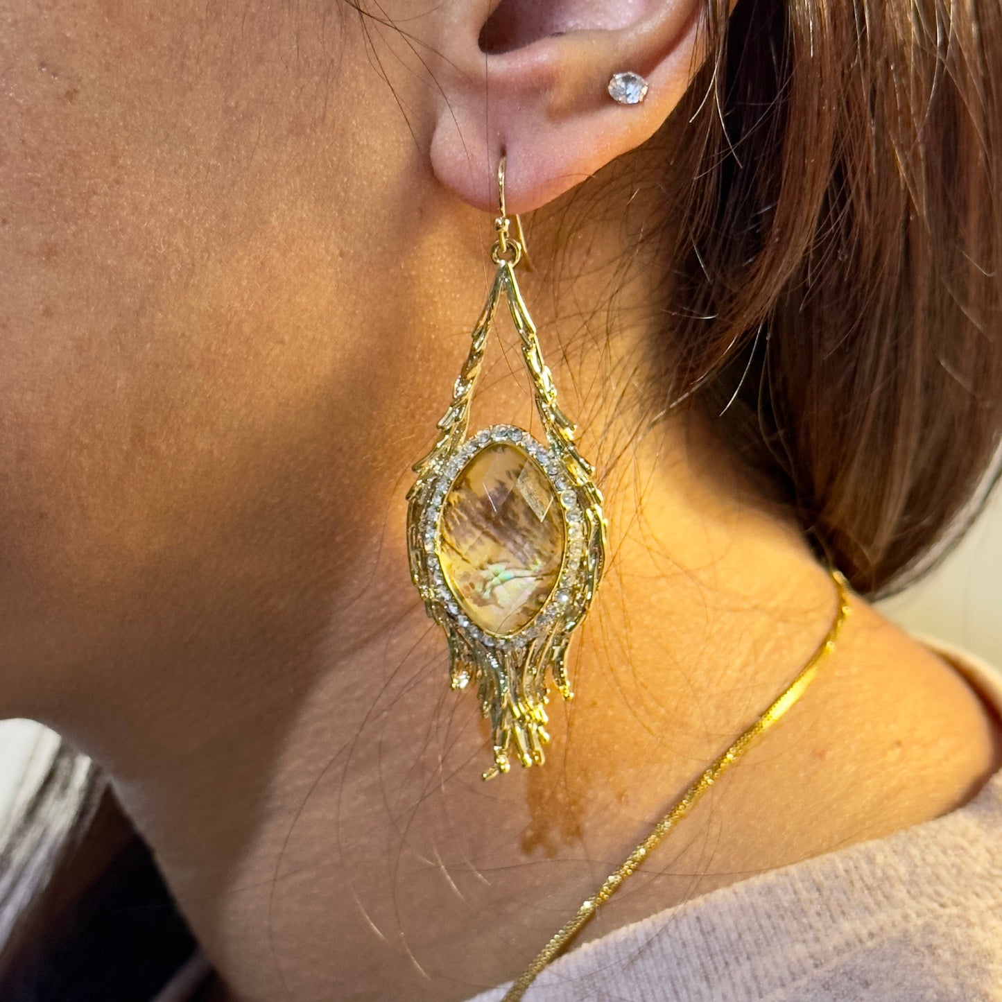 Earrings - Antique Gold Toned Marble Drop