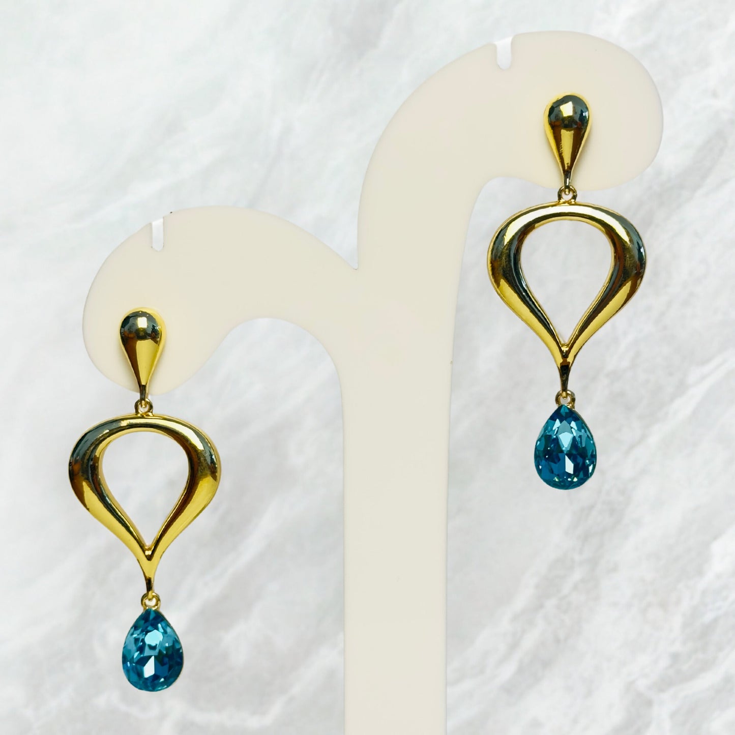 Earrings - Teardrop Blue Crystal Gold-Tone