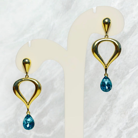 Earrings - Teardrop Blue Crystal Gold-Tone