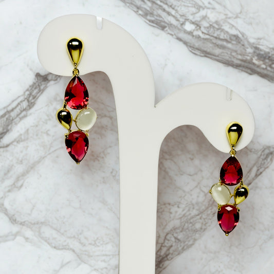 Earrings - Red Teardrop Statement Gold Finish