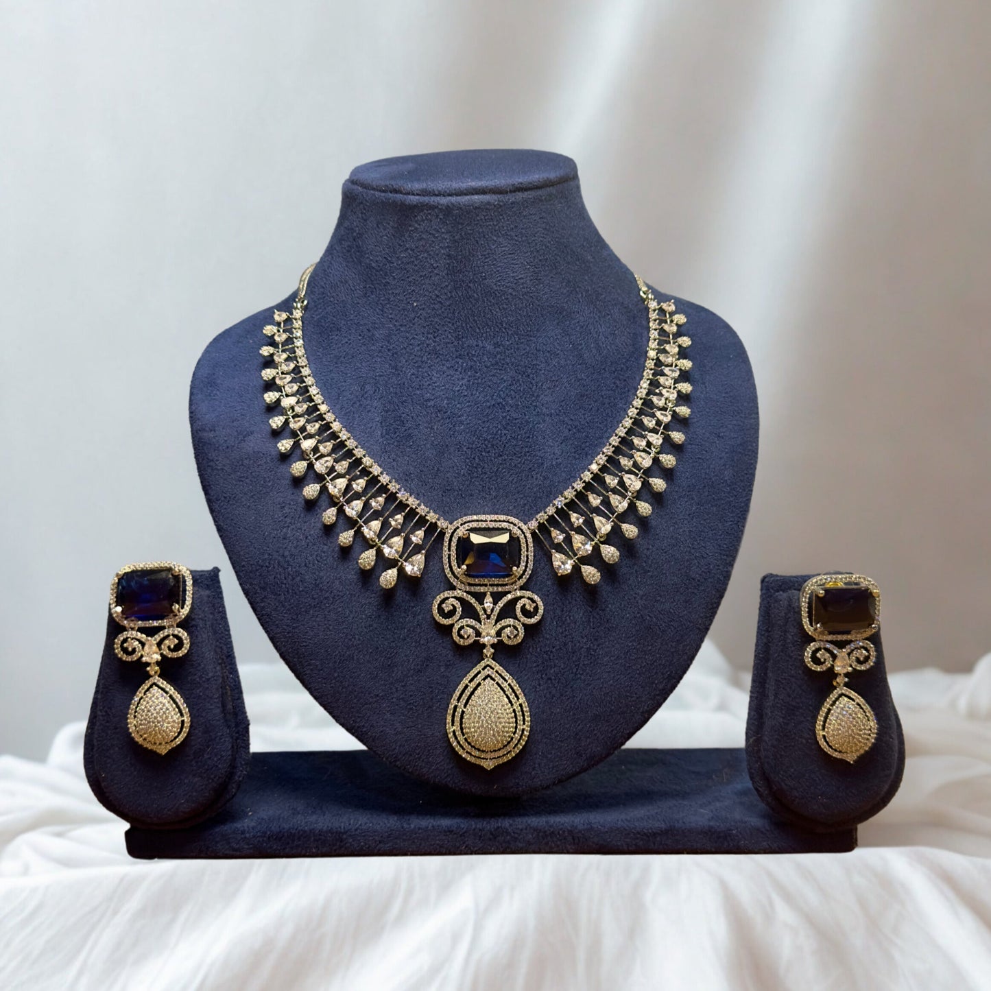 American Diamond Necklace Set - Navy Elegance