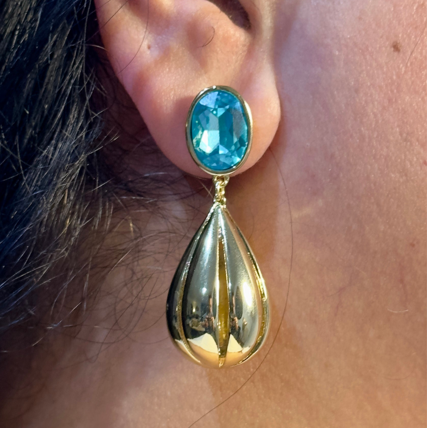 Earrings - Gold Teardrop with Aqua Blue Stud
