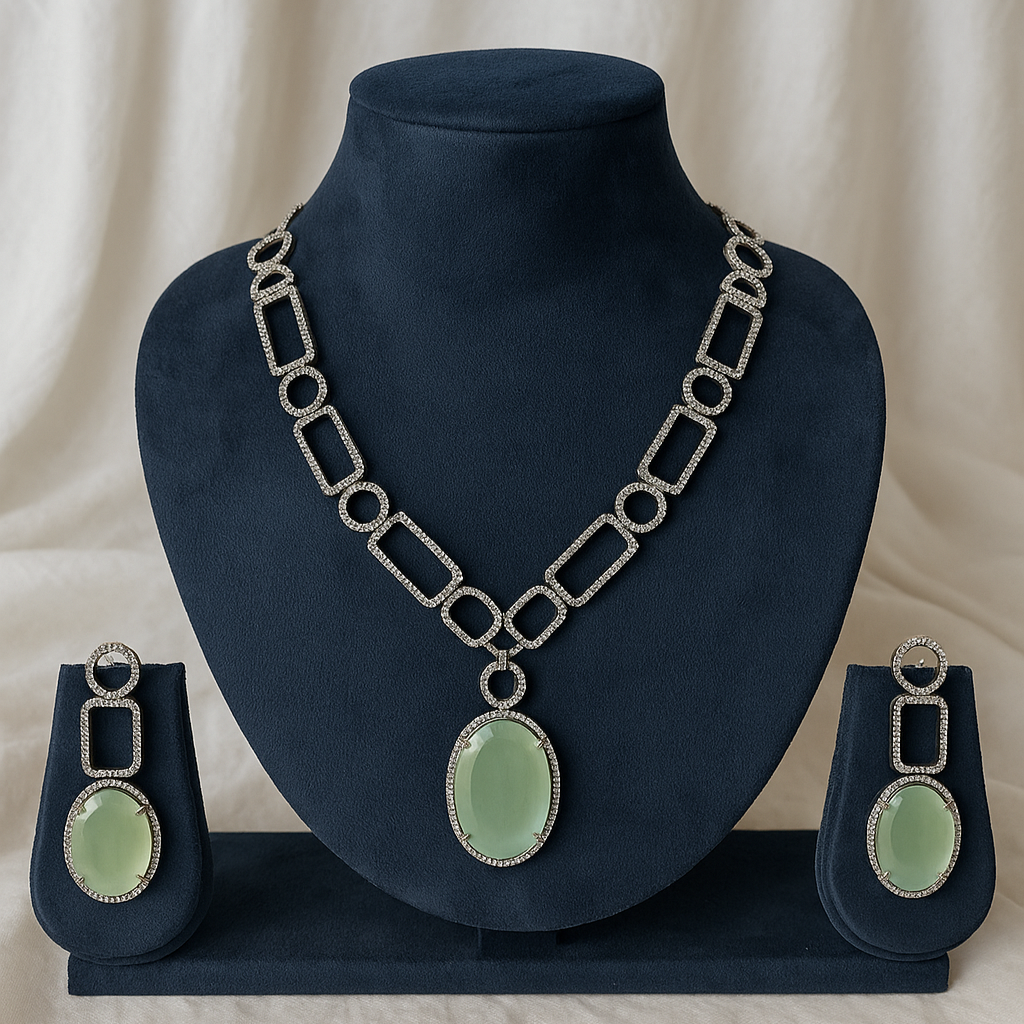 American Diamond Necklace Set - Mint Green Oval Stone – Machine-Set Glam