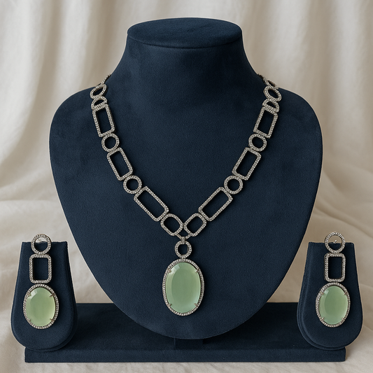 American Diamond Necklace Set - Mint Green Oval Stone – Machine-Set Glam