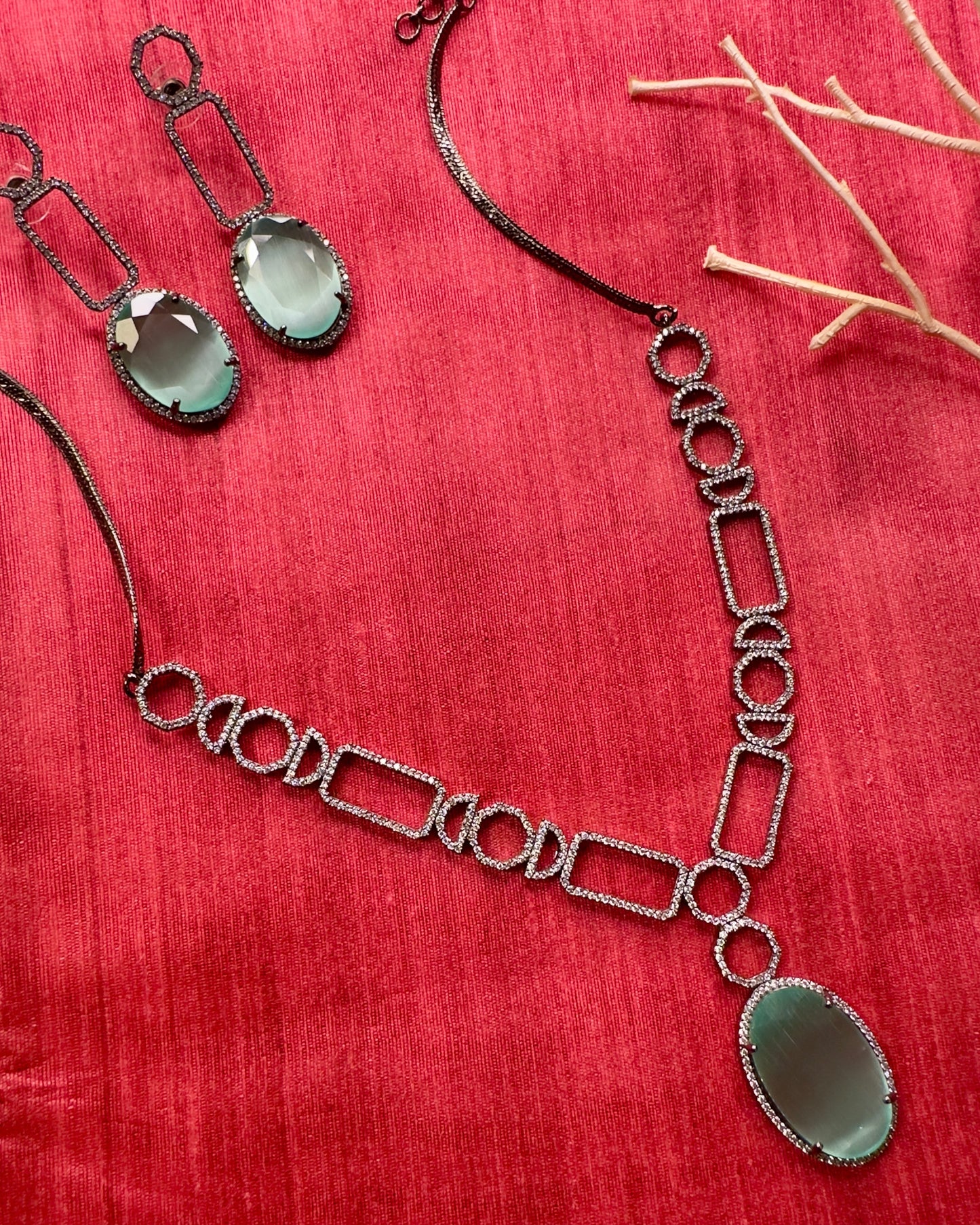 American Diamond Necklace Set - Mint Green Oval Stone – Machine-Set Glam