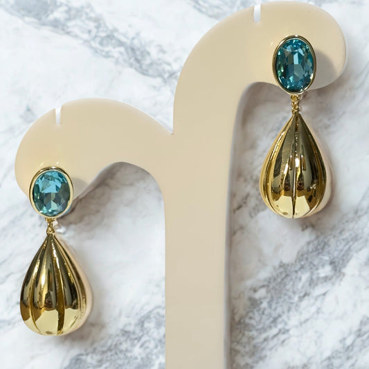 Earrings - Gold Teardrop with Aqua Blue Stud