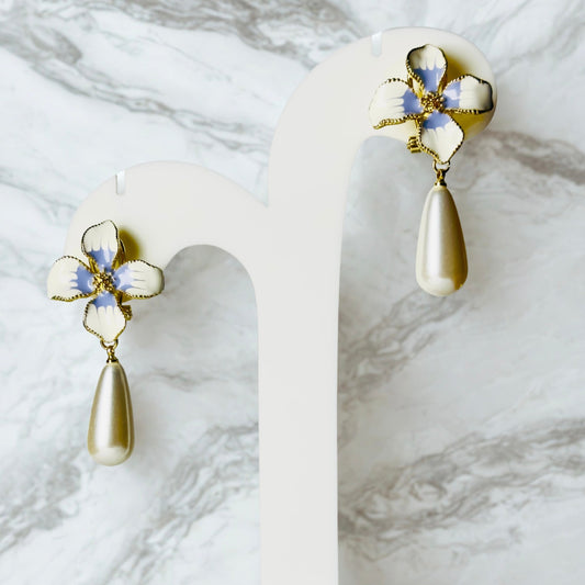 Earrings - Blue Floral Drops with Pearl Accent