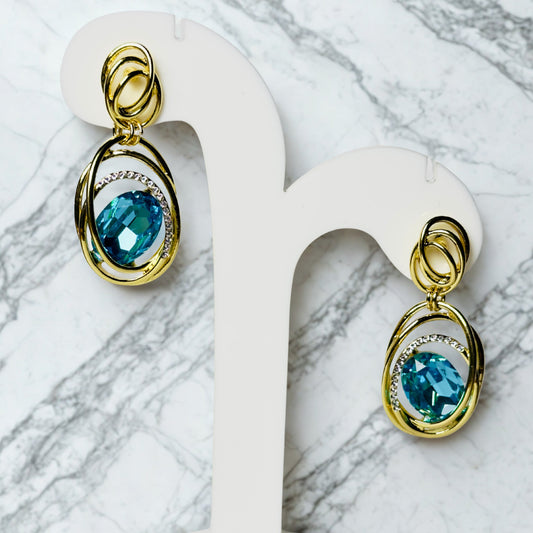 Earrings - Blue Oval Statement with Gold Tone Twist
