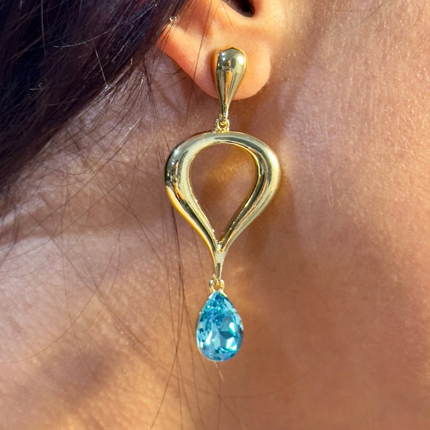 Earrings - Teardrop Blue Crystal Gold-Tone