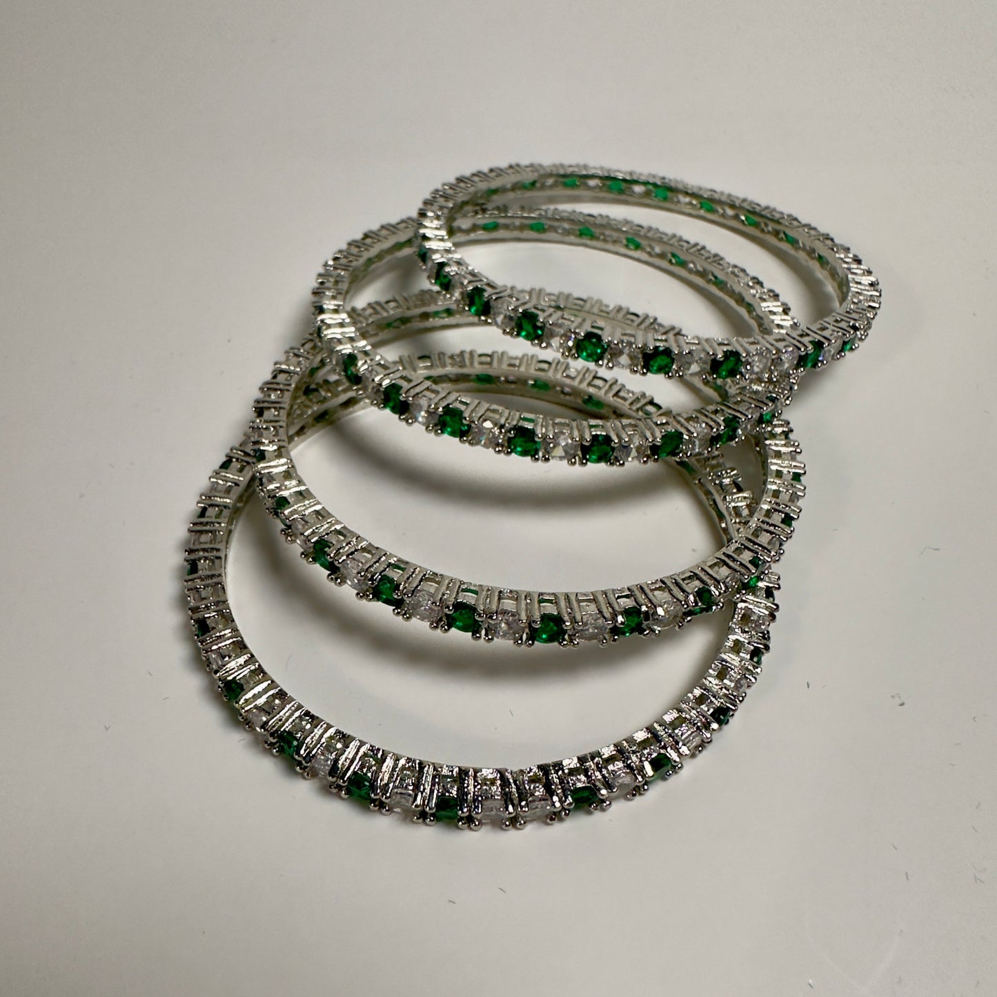 American Diamond Emerald Green & White Bangles (Set of 4)