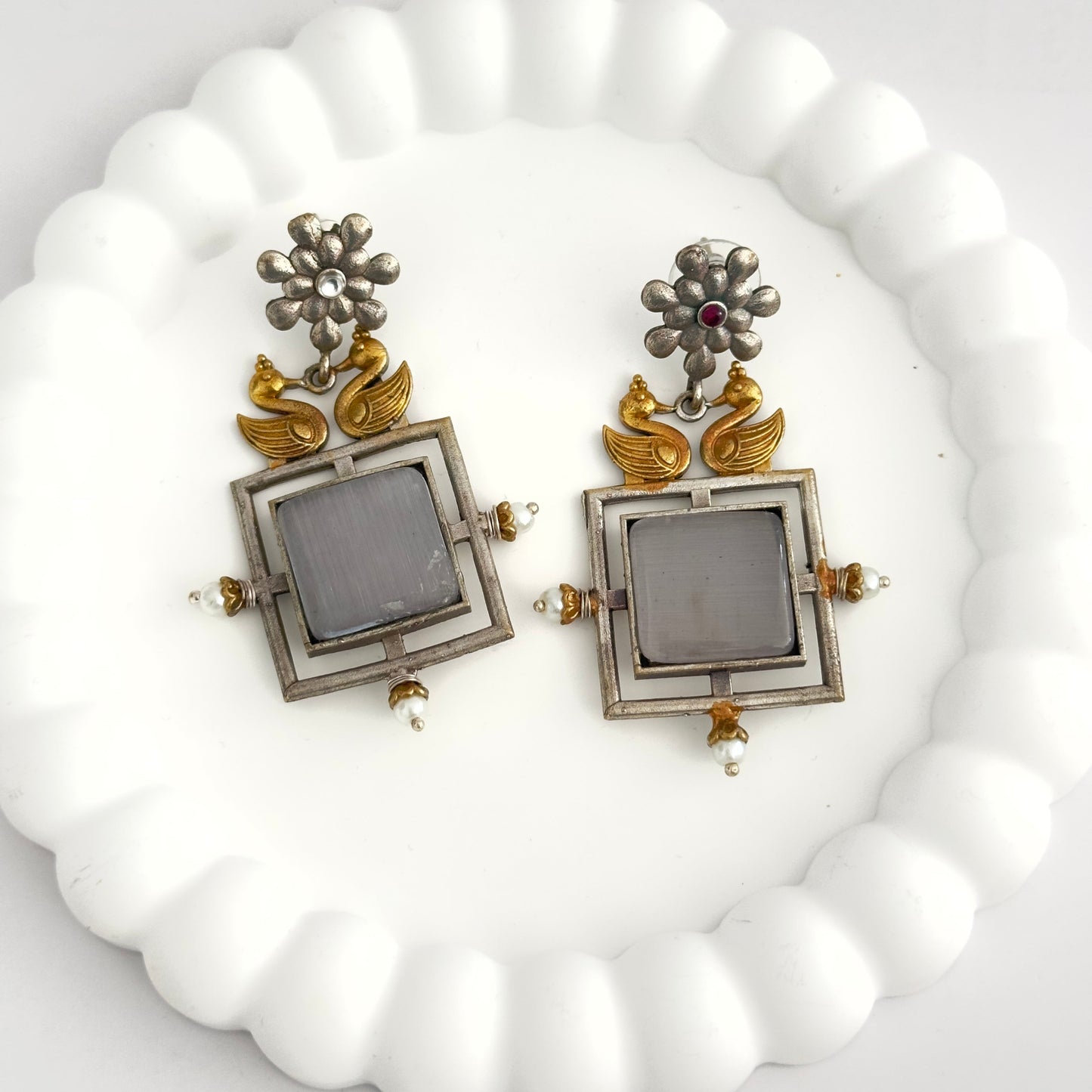 Earrings - Dual Tone Swans with stone (multiple colours)