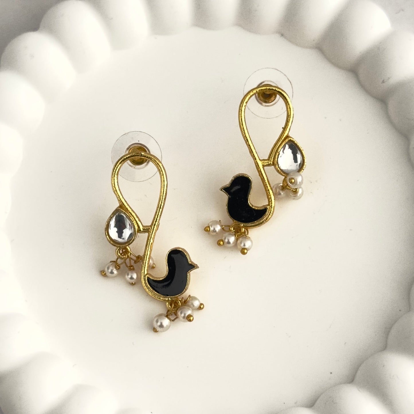 Earrings - Gold Plated Enamel Bird