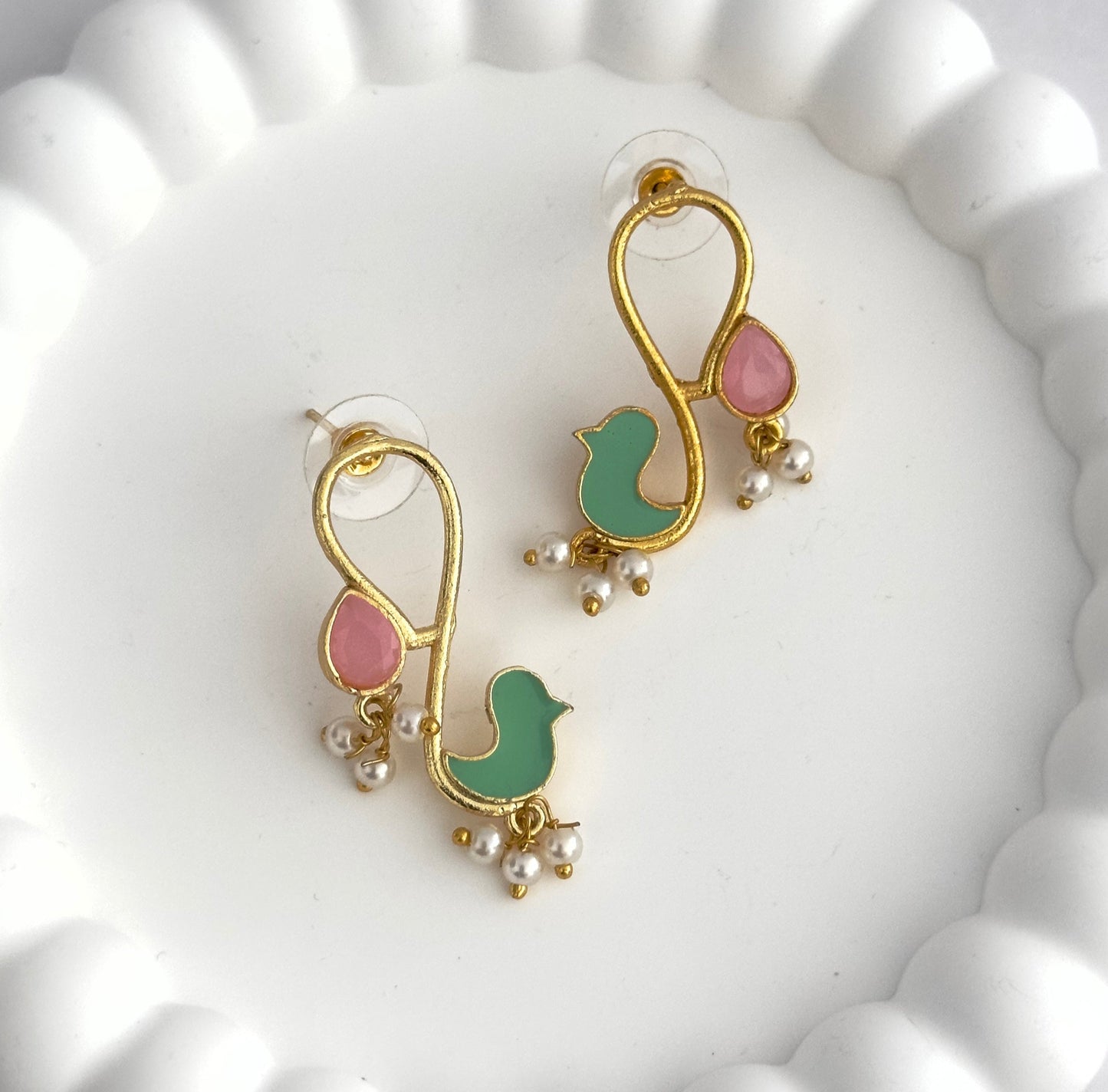 Earrings - Gold Plated Enamel Bird