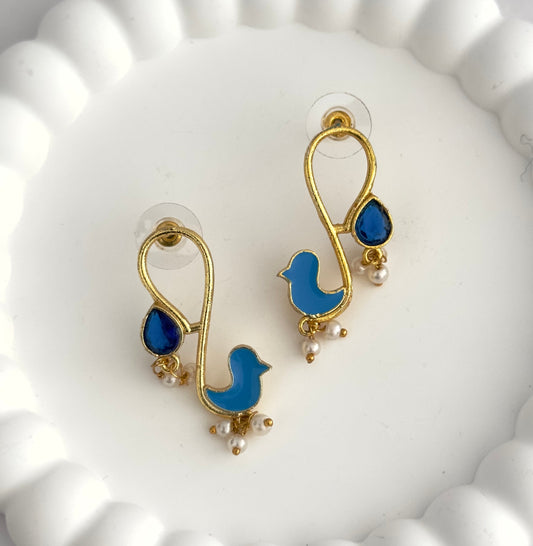 Earrings - Gold Plated Enamel Bird