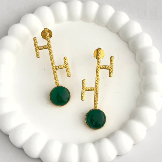 Earrings - Gold plated H design with stone stud