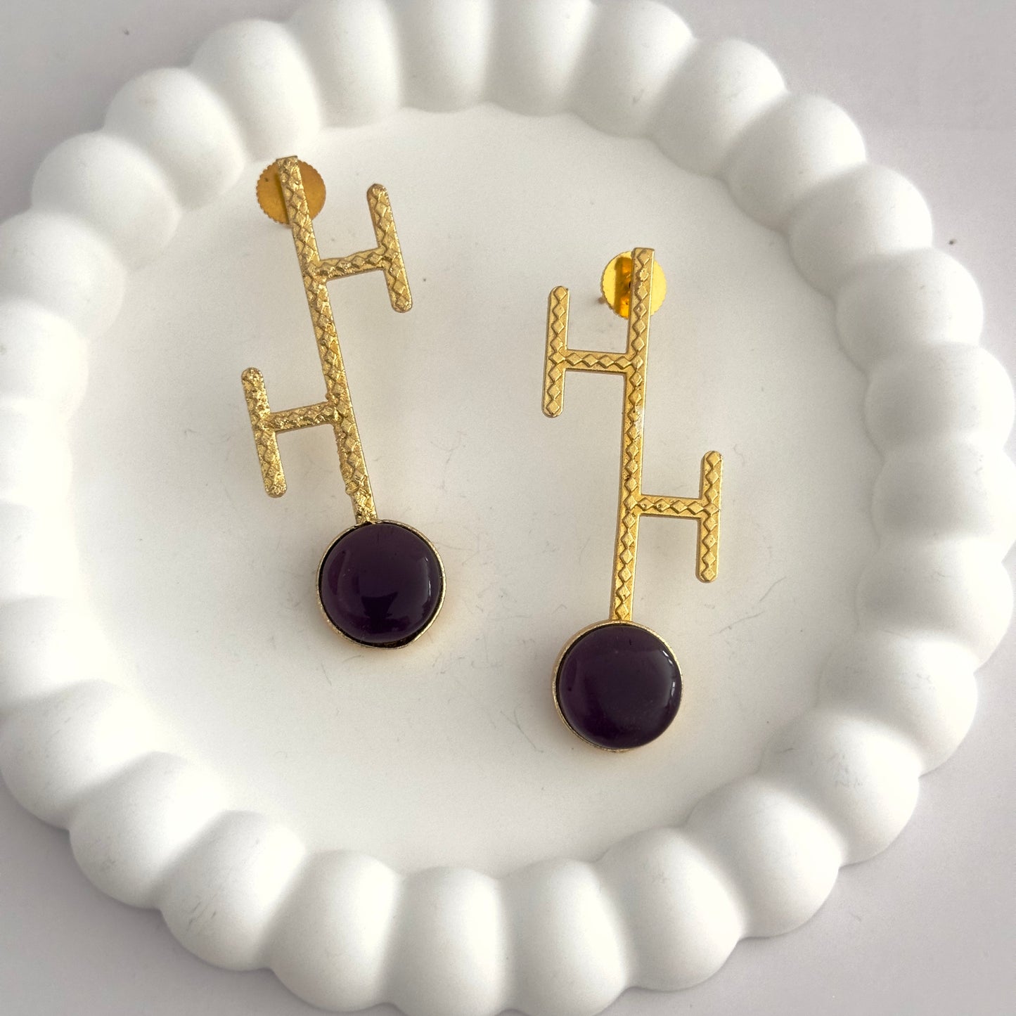 Earrings - Gold plated H design with stone stud