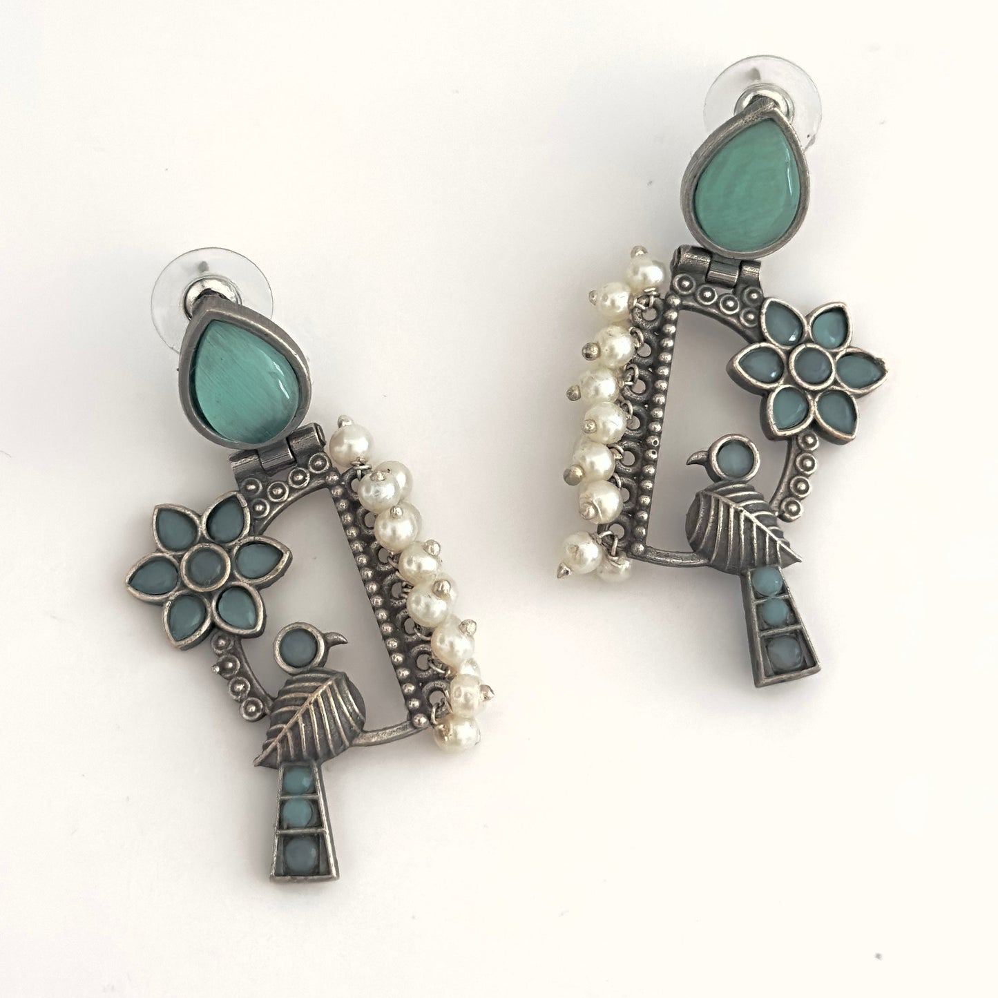 Earrings - Bird and Flower with stones (multiple colours)