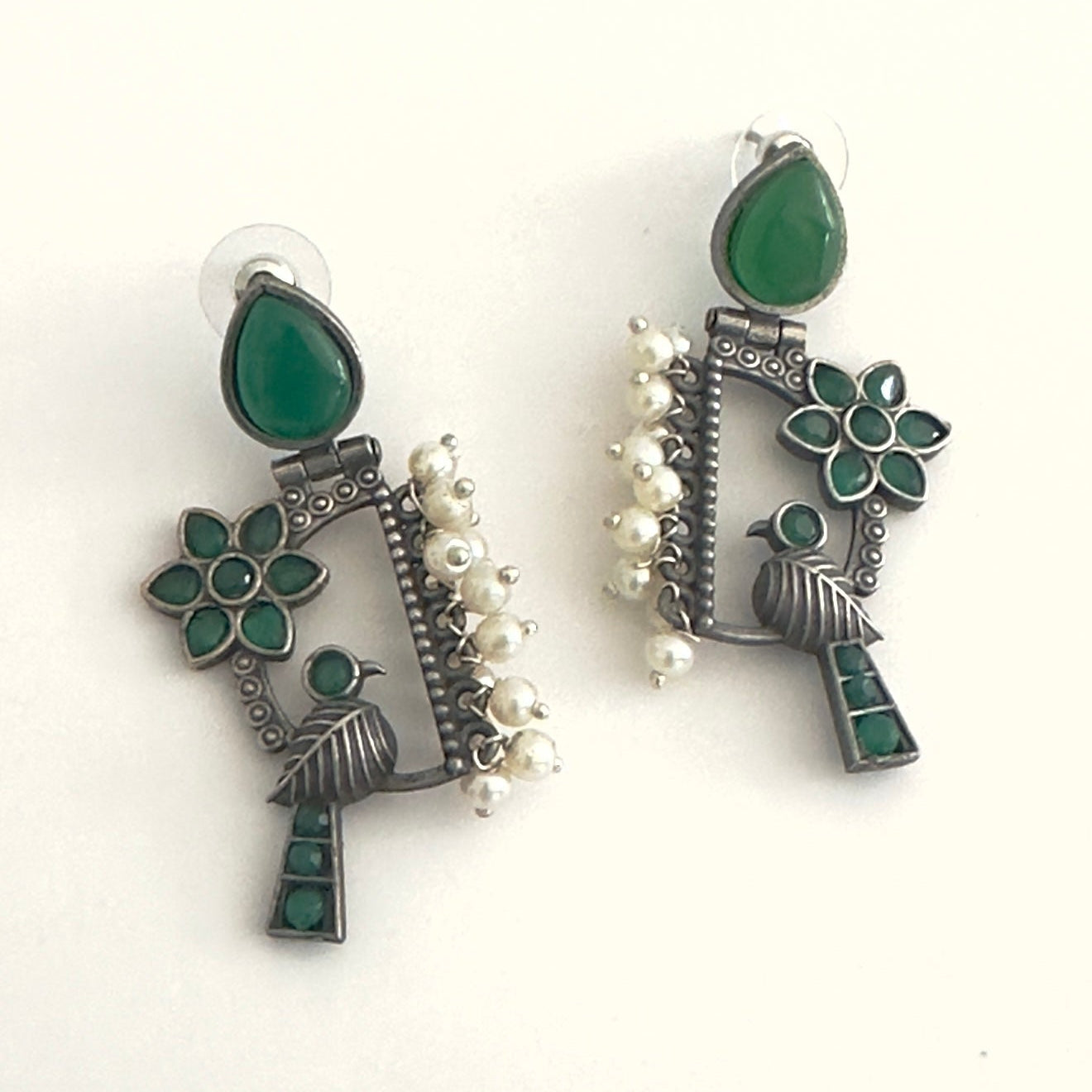 Earrings - Bird and Flower with stones (multiple colours)