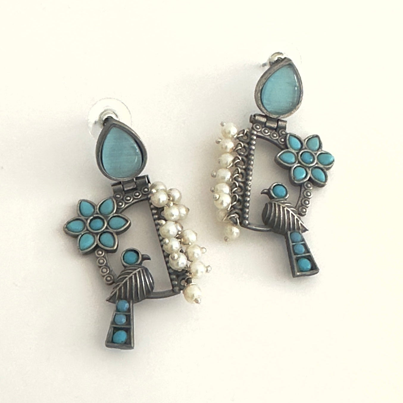 Earrings - Bird and Flower with stones (multiple colours)