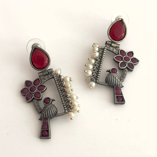 Earrings - Bird and Flower with stones (multiple colours)