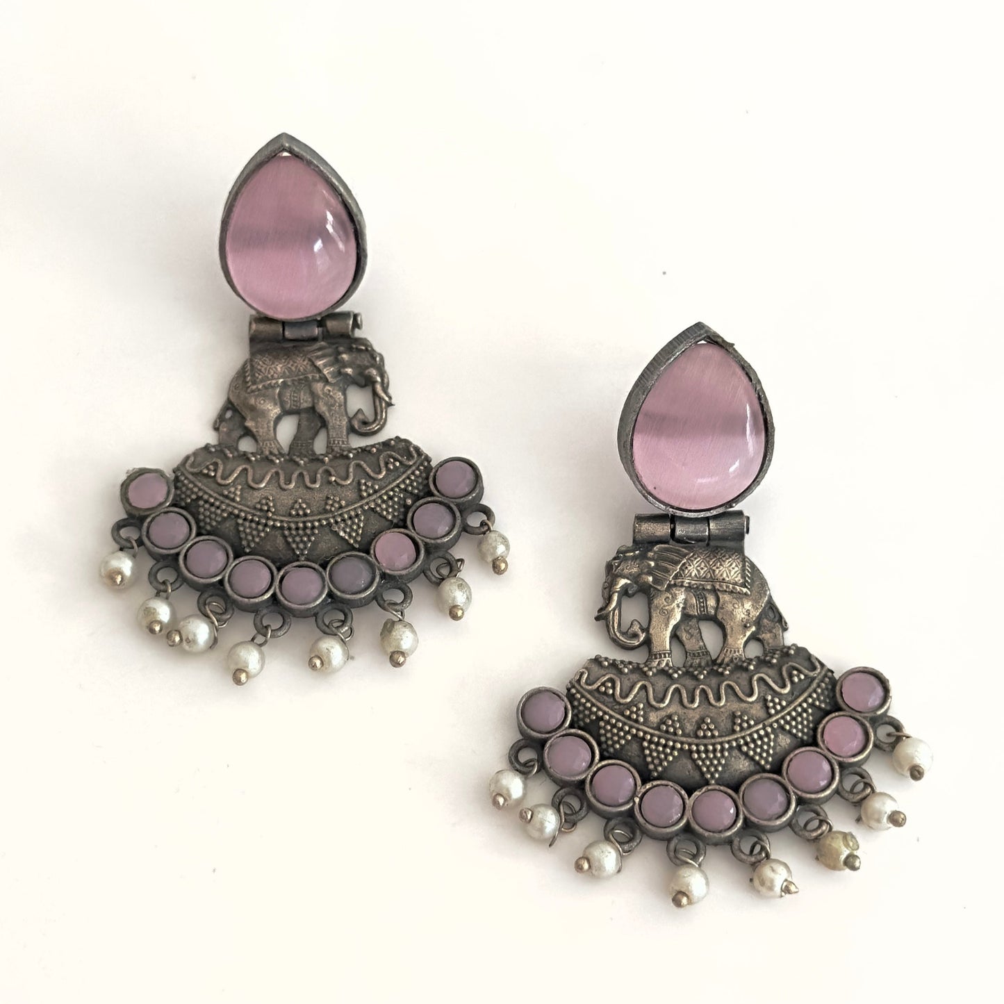 Earrrings - Oxidised Elephant with stones (multiple colours)