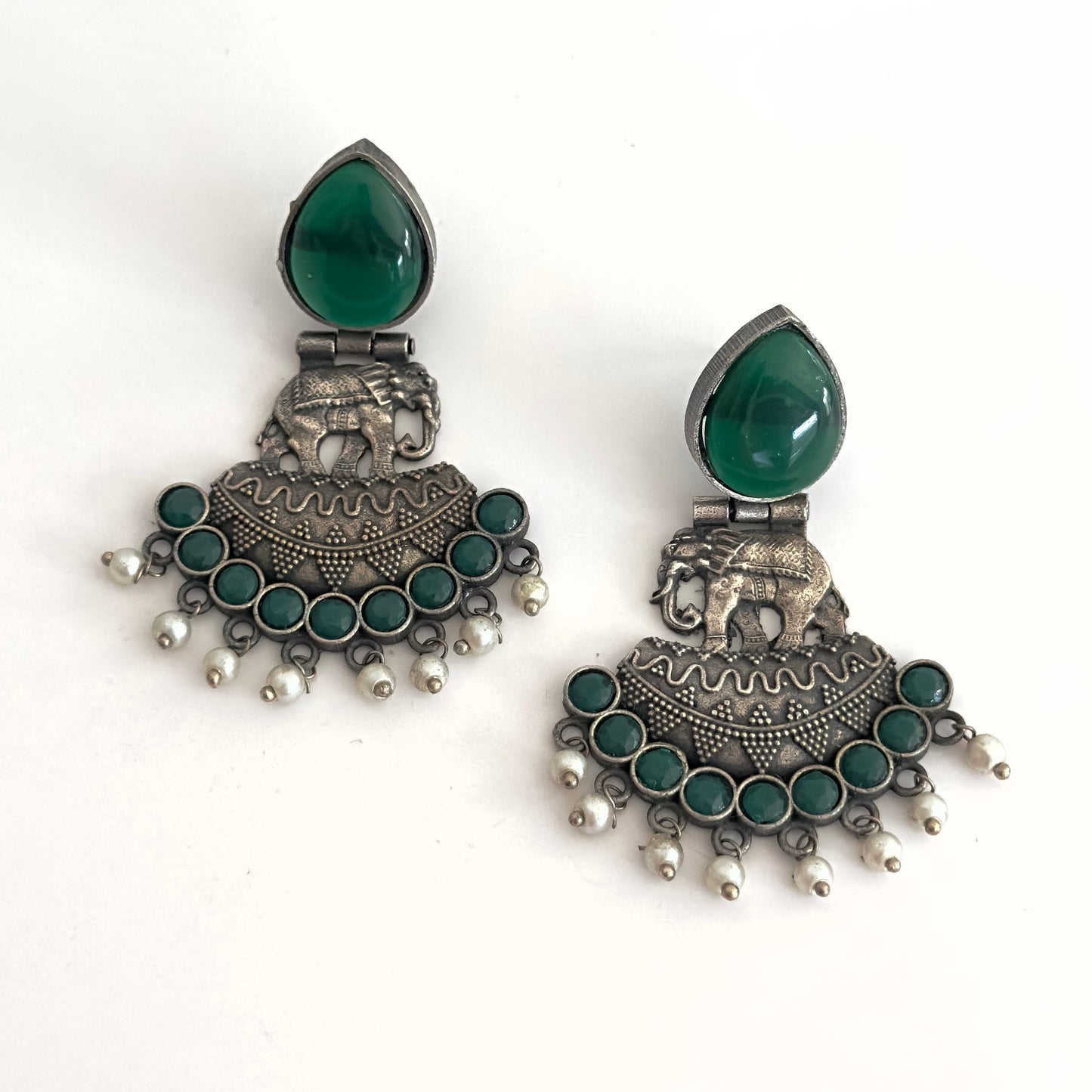 Earrrings - Oxidised Elephant with stones (multiple colours)