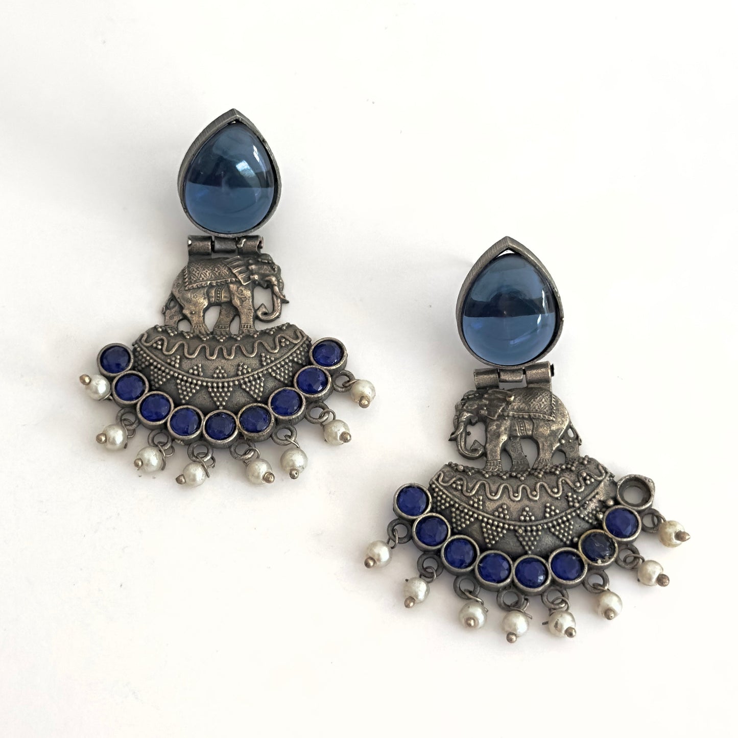 Earrrings - Oxidised Elephant with stones (multiple colours)