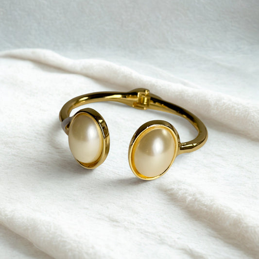 Bracelet - Golden Dual-Dome Pearl Cuff