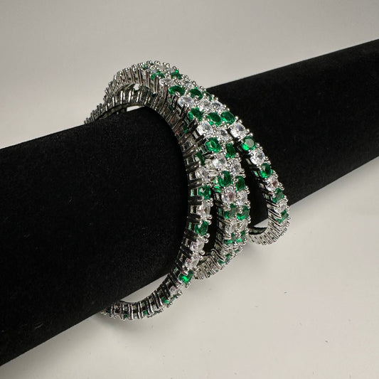 American Diamond Emerald Green & White Bangles (Set of 4)