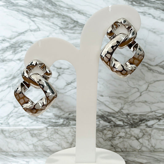 Earrings (Silver) - Bold Hammered Link Hoops