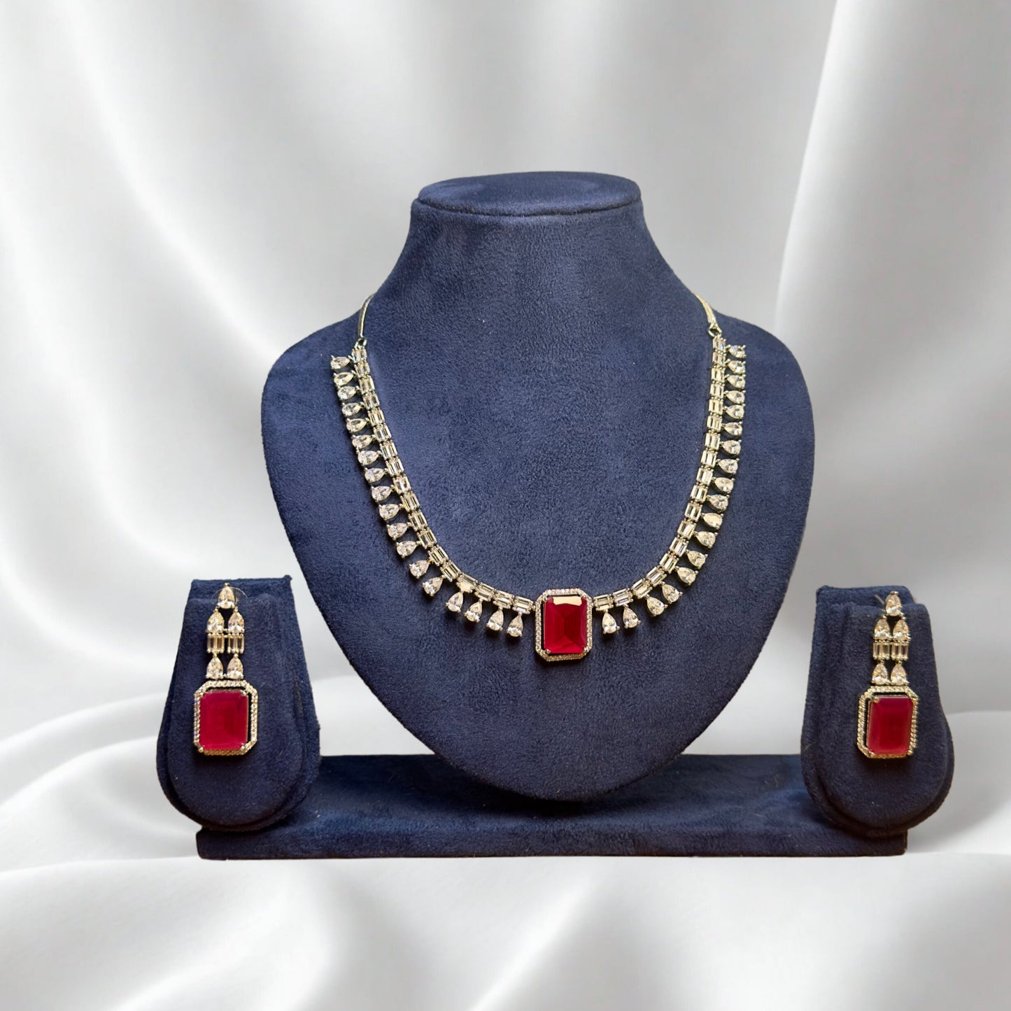 American Diamond Necklace Set - Crimson Solitaire