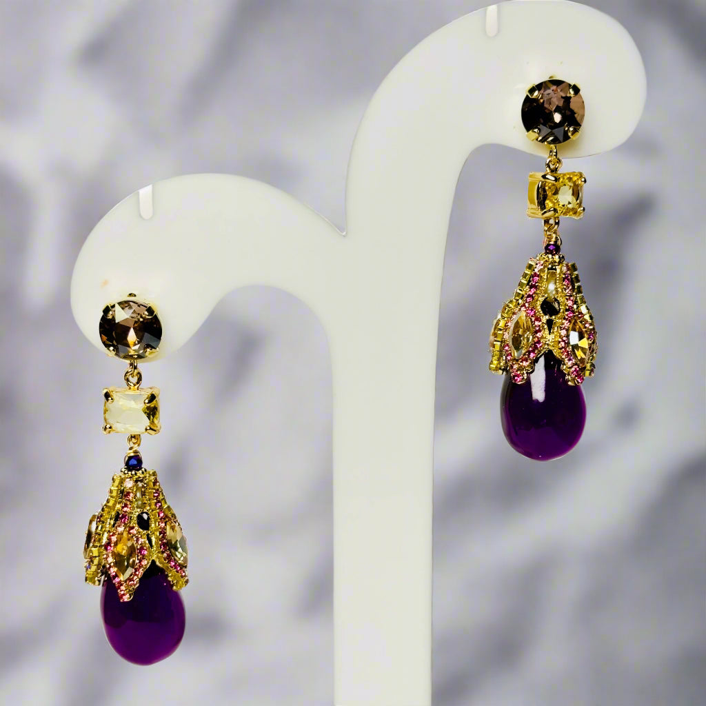 Earrings - Plum Crystal Drop Statement